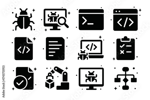 Debugging Icons Grid. Debugging Failures. Solid icons set of Debugging Failures: Bug, Debugger, Terminal, IDE, Code File, Log, Test Script,