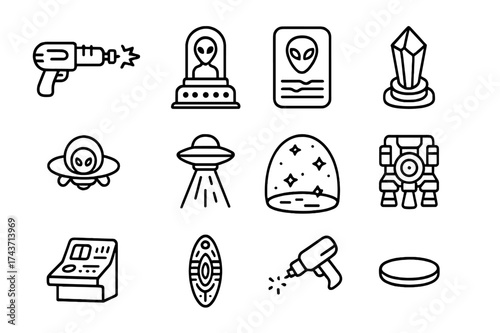 Alien Tech Icons. Alien technology. Line icon set of Alien technology: plasma gun, teleportation device, alien tablet, crystal power source, alien drone,
