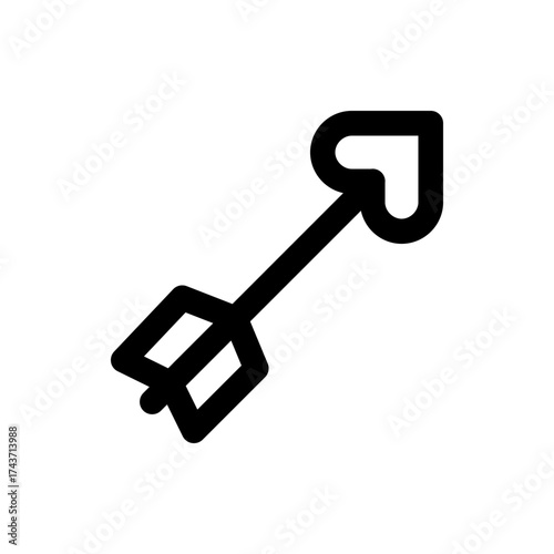 Illustration of a black arrow with a heart shaped tip and fletching on a white background in a simple style