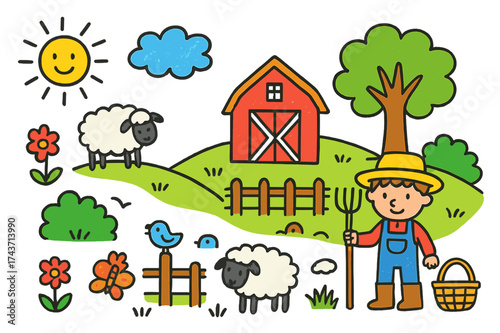 Colorful Hillside Farm. Hillside Farm. Colorful Hand-drawn doodle Children illustration sheep, barn, fence, hill, tree, sun, cloud, flower, butterfly, bird,