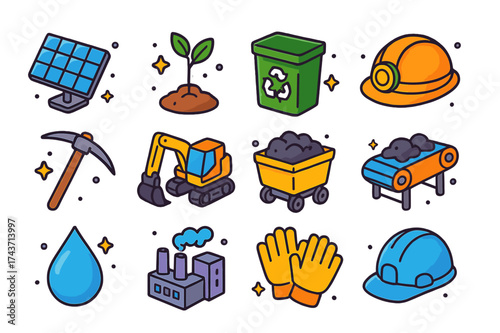 Eco Industry Icons. Eco Industry. Colorful isometric vector icons set of eco industry: solar panel, tree sapling, recycling bin, mining helmet, pickaxe,