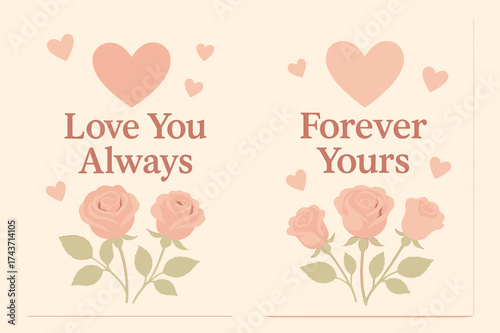 Romantic Pastel Banners. Love you always. Two vertical A6 banners with safe margins, centered composition, no elements touching edges, pastel style, blush pink
