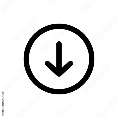 A simple graphic of a black downward arrow enclosed within a black circle on a white background image view