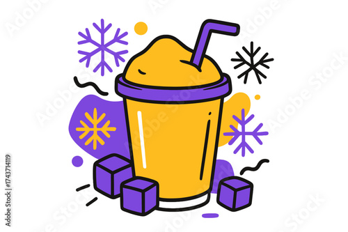 Giant Slush Cup. Frozen Delight. A giant oversized slush cup with a straw, surrounded by abstract glowing snowflakes and ice cubes. Modern flat-line
