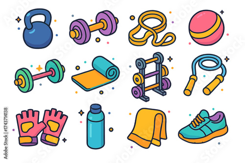 Colorful Gym Equipment Icons. Gym equipment. Colorful isometric vector icons set of gym equipment: kettlebell, dumbbell, resistance band, medicine ball,