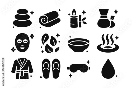 Serene Spa Symbols. Relaxing ambiance spa. Solid icons set of massage stone, towel roll, bamboo candle, herbal pouch, face mask, flower petals, spa bowl, hot