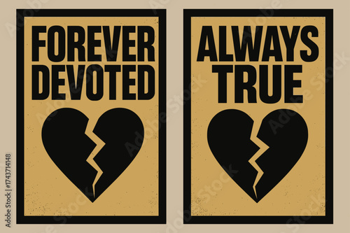 Black and Gold Banners. Forever Devoted. Two vertical A6 banners with safe margins, centered composition, no elements touching edges, brutalist style, black