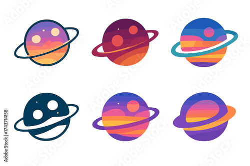 Planetary Logo Variations. A planet with multiple moons and colorful skies. Set Logo of A planet with multiple moons and colorful skies: Planet with rings.