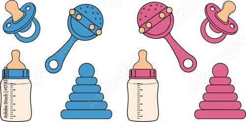 Baby items cute baby toys pacifiers bottles and stacking rings