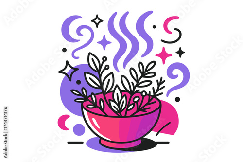 Soothing Herbal Steam. Herbal steam. A glowing bowl with herbs releasing fragrant steam, abstract floating swirls and sparkles symbolizing soothing energy.