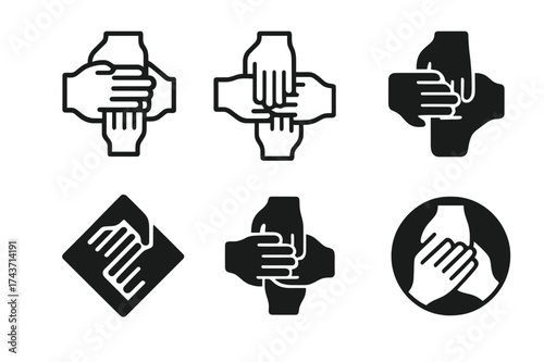 Teamwork Icon Variations. Assisting with tasks. Set Logo of Productivity: teamwork hands icon. harmonious logo variations of the same emblematic concept, each