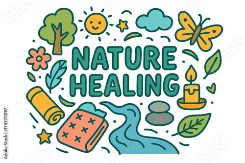 Nature's Restorative Harmony. Nature Healing. Hand-drawn doodle illustration of Nature Healing. tree, sun,