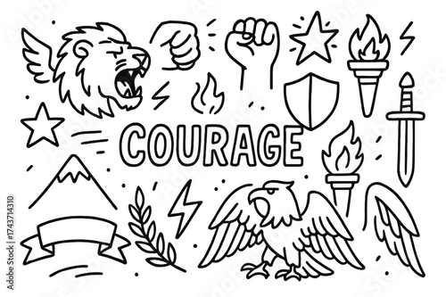 Courage Symbols. Courage. Hand-drawn doodle illustration of Courage. roaring lion, clenched fist, torch,