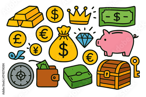 Colorful Wealth Icons. Gold & Money. Colorful Hand-drawn doodle Children illustration Gold & Money gold bars, coins, dollar sign, euro sign, pound sign, yen