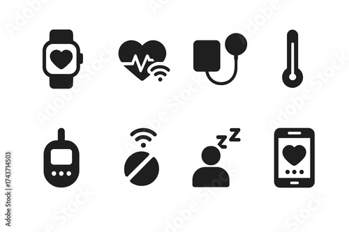 Remote Health Icons. Remote monitoring. Filled icon set of Remote monitoring: smartwatch, heart rate sensor,