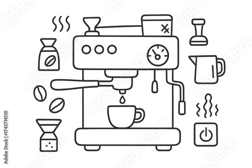 Espresso Machine Doodle. Espresso Machine. Hand-drawn doodle illustration Espresso Machine portafilter, steam wand, coffee cup, drip tray, pressure gauge,
