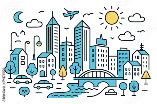 Doodled Urban Panorama. Downtown View. Hand-drawn doodle illustration downtown view skyscrapers (accented), city buildings, clouds, sun (accented), moon,