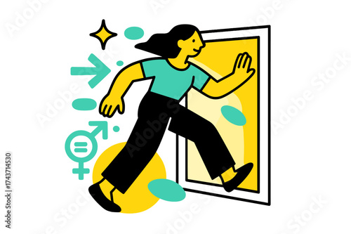 Progress in Motion. Breaking Barriers. A glowing woman stepping through a frame, abstract floating spark and arrow icons symbolizing progress and equality.
