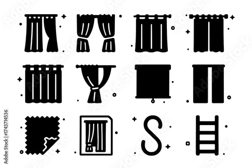 Curtain Style Icons. Curtain Styles. Solid icons set of Curtain Styles: Sheer Curtain, Blackout Curtain, Rod Pocket, Grommet, Tab Top, Tieback, Roller, Panel,