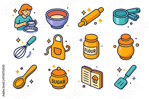 Isometric Baking Icons. Home baking. Colorful isometric vector icons set of home baking: person sifting flour, mixing bowl, rolling pin, measuring cups, whisk,