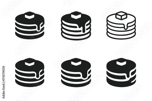 Pancake Logo Variations. Making pancakes on a cold morning. Set Logo of Food: pancake stack silhouette icon. harmonious logo variations of the same emblematic