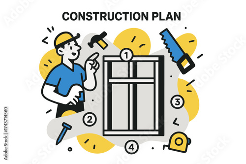 Framed Wall Blueprint. Construction Plan. Diagrammatic view of a framed wall with numbered labels, abstract tools floating around symbolizing building. Modern