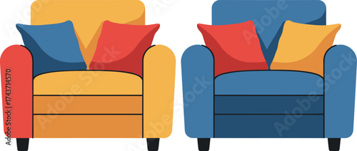 Two Modern Armchairs with Colorful Pillows
