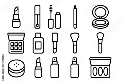 Makeup Icon Grid. Makeup products. Line icon set of Makeup products: lipstick, lip gloss, mascara tube, eyeliner pencil, eyeshadow palette, foundation bottle,
