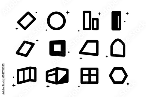Asymmetrical Window Icons. Asymmetrical house windows. Solid icons set of diagonal window, circular window, mismatched pair windows, tall narrow window, tilted
