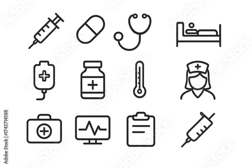 Medical Icon Set. Medical treatment. Line icon set of Medical treatment: syringe, pill, stethoscope, hospital bed, IV drip, medicine bottle, thermometer,