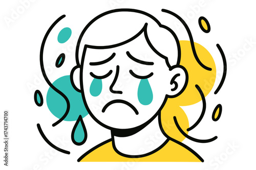 Tearful Expression Art. Sad Expression. A face with glowing teardrops falling, abstract floating droplets and curved lines emphasizing emotion.