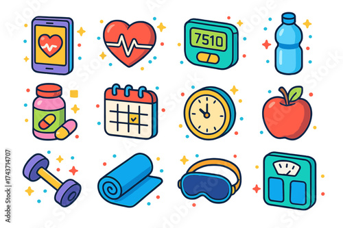 Wellness Isometric Icons. Wellness Tracking. Colorful isometric vector icons set of wellness tracking: smartphone, heart monitor, step counter, water bottle,