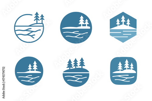 Winter Logo Variations. Winter. Set Logo of Winter: frozen lake. harmonious logo variations of the same emblematic concept, each with different artistic