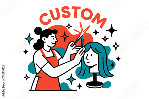 Creative Wig Styling. Creative styling. A hairstylist character adjusting a wig with glowing scissors, while abstract stars and sparks float around. Text