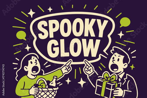 Spooky Glow Banner. Spooky Glow banner, flat vector illustration, bold oversized text inside sticker outline, cartoon characters shouting and pointing at