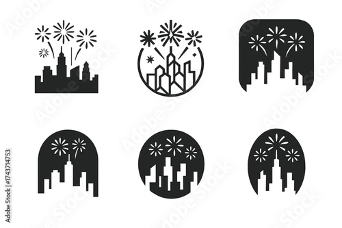 New Year's Eve Logos. Having a New Year?s Eve countdown. Set Logo of Having a New Year?s Eve countdown: City skyline with fireworks. harmonious logo variations