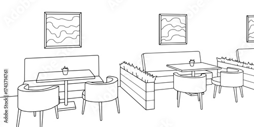Cafe interior graphic black white sketch illustration vector 