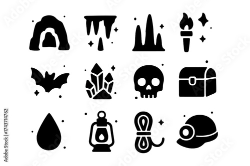 Dark Cave Icons. Dark cave. Solid icons set of Dark cave: cave entrance, stalactites, stalagmites, torch, bat, crystal, skull, treasure chest, water drop,