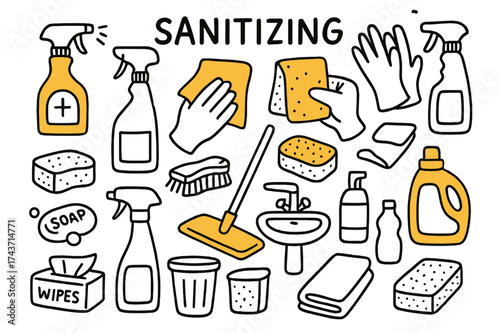 Sanitizing Icons Doodle. Sanitizing. Hand-drawn doodle illustration sanitizing surfaces disinfectant bottle (accented), spray bottle, cloth (accented), sponge,