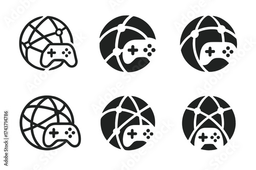 Harmonious Gaming Logos. Digital gaming leagues. Set Logo of network play: globe with connecting gaming nodes. harmonious logo variations of the same