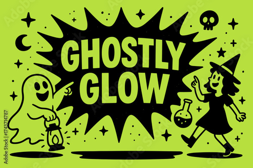 GhostlyGlow Vector Extravaganza. GhostlyGlow banner, flat vector illustration, bold oversized text inside splash explosion shape, cartoon characters pointing