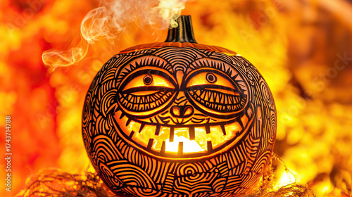 Intricately carved jack-o-lantern with multiple facial expressions, candlelight flickering through patterns, smoke tendrils rising, isolated on orange background