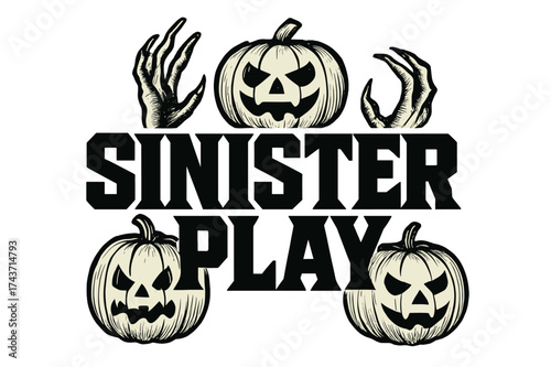 Sinister Lettering Design. Sinister Play ? Bold Block Lettering, stacked uppercase with chunky geometric serifs, heavy outline and flat 3D shading, poster