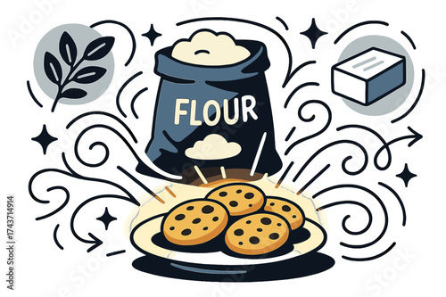 Glowing Cookies Magic. Baking ingredients. Glowing cookies on a table with floating abstract icons of herbs, flour, and butter around, light trails emphasizing