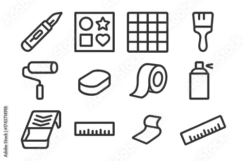 Stencil Tool Icons. Stencil tools. Line icon set of stencil tools: craft knife, stencil sheet, cutting mat, paintbrush, roller, sponge, tape, spray can, paint