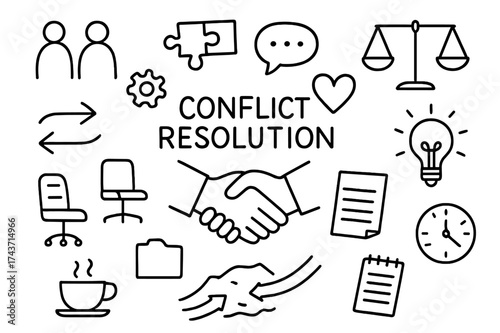 Conflict Resolution Doodle. Conflict resolution. Hand-drawn doodle illustration conflict resolution handshake, broken puzzle piece, chat bubble, balance scale,