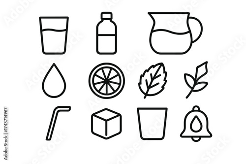 Hydration Icon Set. Healthy hydration. Line icon set of healthy hydration: glass of water, reusable bottle, pitcher, droplet, lemon slice, mint leaf, straw,