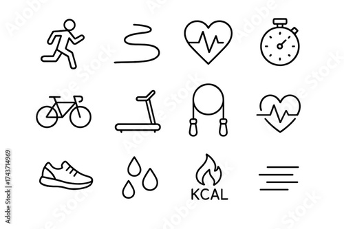 Cardio Exercise Icons. Cardio Exercise. Line icon set of Cardio Exercise: running figure, jogging path, heart rate monitor, stopwatch, bicycle, treadmill, jump