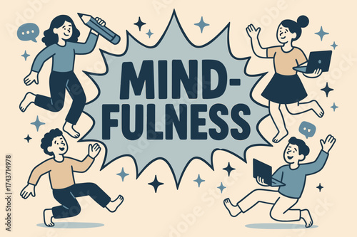 Mindfulness Celebration Banner. Mindfulness banner, flat vector illustration, bold oversized text inside comic burst, cartoon characters dancing barefoot