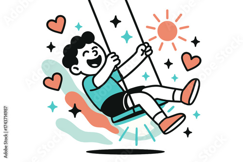 Swinging Happiness. Swinging laughter. A child leaning back on a glowing swing with abstract hearts, sun rays, and sparkles floating around to show carefree